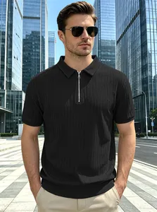 Professional model wearing a black vertical stripe jacquard half-zip knitted Polo shirt outdoors