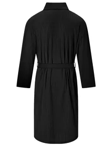 Back view of a men's black long-sleeved bathrobe with a textured ribbed pattern and belt.