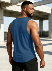 Back view of a navy blue quick-dry breathable sports tank top for men.