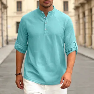 Breathable men's waffle knit Henley shirt with button placket and rolled sleeves