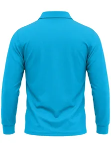 Rückansicht eines hellblauen langärmeligen Mesh-Poloshirts für Herren, lässig.