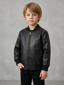 Boys' black faux leather bomber jacket with a ribbed stand collar and zip front.