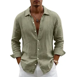 Detail shot of a men's loose linen shirt in sage green with a classic collar design