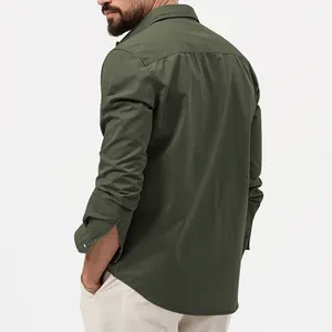 Back view detail of men's casual olive green long sleeve shirt with turn-down collar