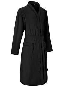 Detail view of black ribbed jacquard men's bathrobe showing fabric texture and belt