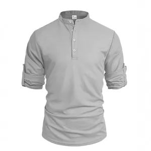 Men's gray waffle knit Henley long sleeve shirt with roll-up sleeves and buttons