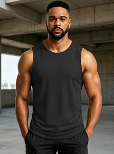 Muscular model wearing a black American-style sleeveless gym tank top for fitness.