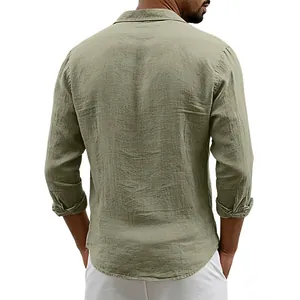 Back view of men's olive green casual linen long sleeve shirt with classic collar