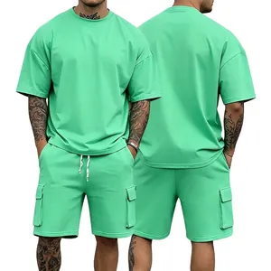 Men's Casual Summer Sportswear Top And Bottom Oversized Short Sleeve T-Shirt And Cargo Shorts Set Solid Color Polyester Outfit