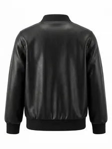 Rear view detail of black boys PU leather jacket showing ribbed hem and cuffs