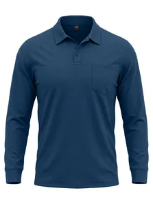 Detailansicht eines marineblauen Langarm-Poloshirts aus atmungsaktivem Mesh-Gewebe