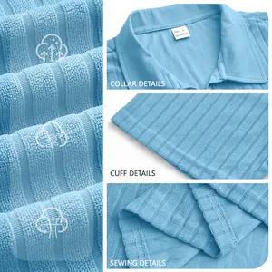 Detail view showing the ribbed texture, collar, and stitching of the blue knit polo shirt