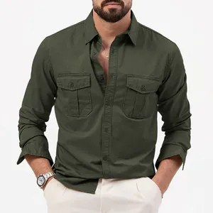 Close-up of olive green men's utility shirt with double chest pockets and lapel collar