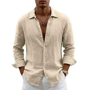 Detail showing the linen texture and relaxed fit of this men's beige button-down shirt.