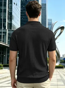 Detailed back view of a premium black vertical stripe jacquard knit Polo shirt for men