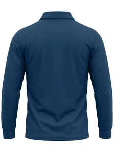 Detaillierte Rückansicht eines dunkelblauen langärmeligen Mesh-Poloshirts für Herren im Freien