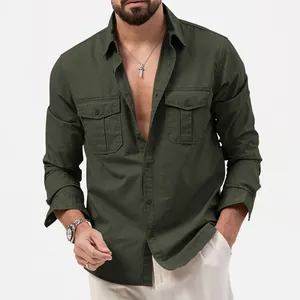 Detail view of men's olive green long sleeve utility shirt with double chest pockets