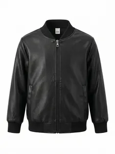 Front view of children's black PU leather bomber jacket with zipper.
