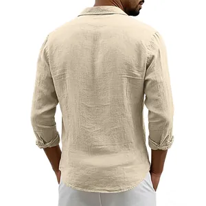Back view of men's breathable beige linen long-sleeved shirt with a relaxed fit style