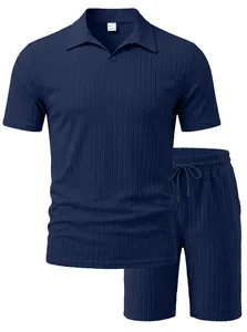 Detailed view of navy blue ribbed knit polo shirt and shorts set for casual men's style