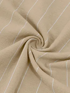 Close-up detail of beige linen fabric with white vertical stripes for men's casual shirt