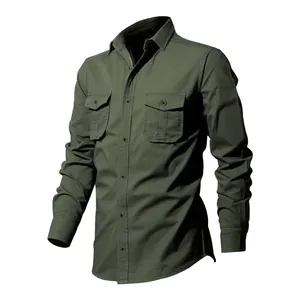 Detailed view of olive green tactical work shirt with buttoned chest pockets