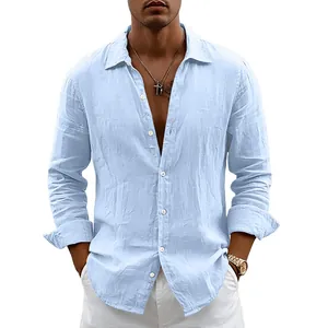 Men's light blue casual linen long sleeve button-down shirt with a loose, relaxed fit