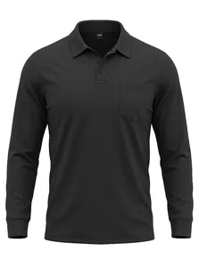 Schwarzes Langarm-Poloshirt für Herren aus Mesh-Gewebe mit praktischer Brusttasche