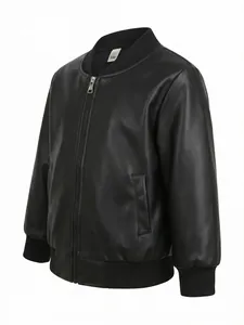 Detailed side view of a black boy's PU leather bomber jacket with a size 100 tag