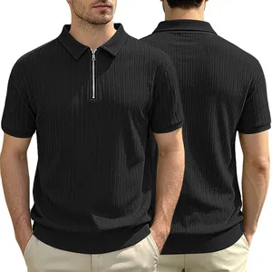 Detailed view of men's black vertical stripe knit Polo shirt with front half-zipper design