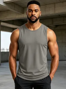 Close-up view of grey breathable mesh gym tank top for men in urban setting.