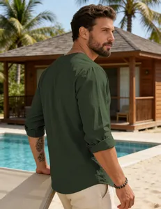 Detailed back view of a men's dark green linen shirt featuring natural fabric texture