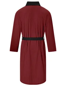 Back view of a men's long maroon jacquard bathrobe with a black belt and ribbed texture
