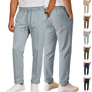 Multi-color men's straight casual pants featuring drawstring waist and rolled cuff hem