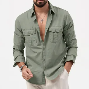 Detail of a men's olive green cargo shirt featuring two chest pockets and a classic collar.