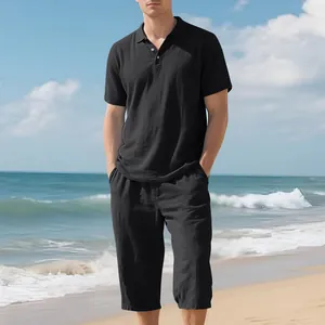 Premium men's black linen polo shirt with breathable cropped pants set for beach wear