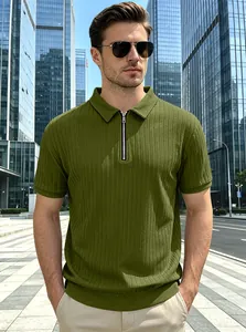 Macro detail of olive green vertical striped jacquard knit polo shirt with zipper