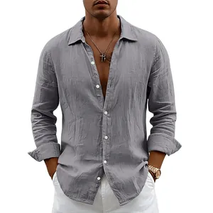 Professional front detail of a men's casual grey linen long sleeve button-down shirt.