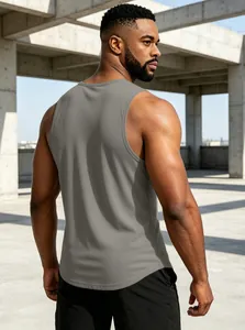 Rear view of a men's athletic grey quick-dry tank top highlighting breathable fabric and fit