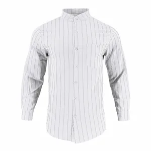 Casual men's white linen long-sleeve shirt with vertical stripes and a stand collar