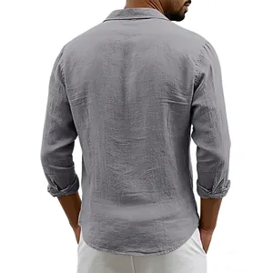 Back view of a grey long-sleeved linen shirt for men featuring a relaxed fit texture