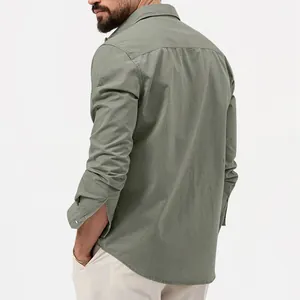 Back view detail of a men's olive green long-sleeve casual button-down shirt