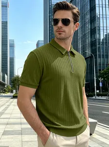 Macro shot of men's olive green vertical rib knit Polo shirt with a quarter-zip collar