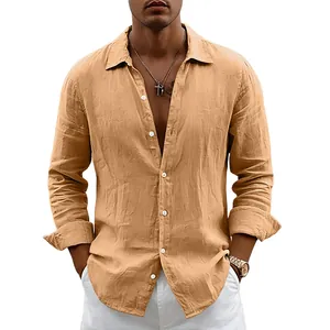 Detailed view of breathable apricot linen long sleeve shirt for men in a casual fit
