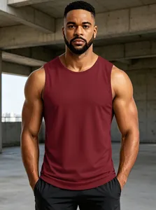 Front view of muscular man wearing breathable burgundy fitness tank top in urban setting