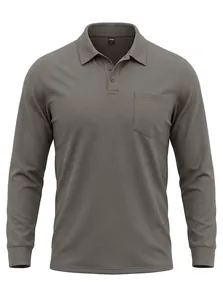Frontale Detailansicht eines grauen Langarm-Mesh-Poloshirts für Herren mit Tasche.