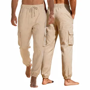 Men's Breathable Linen Cargo Jogger Pants Lightweight Loose Beach Casual Drawstring Sweatpants With Multi Pockets