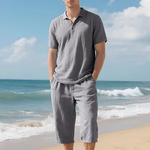 Casual men's grey linen polo shirt and cropped beach pants two-piece summer clothing set