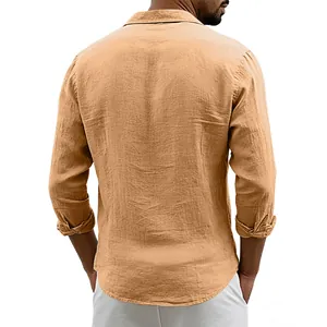Detailed back view of a men's casual long sleeve shirt made of breathable apricot linen fabric