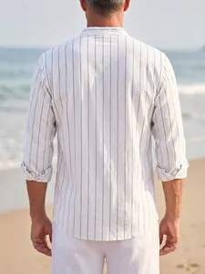 Detailed back view of men's casual white linen shirt with thin black vertical stripes